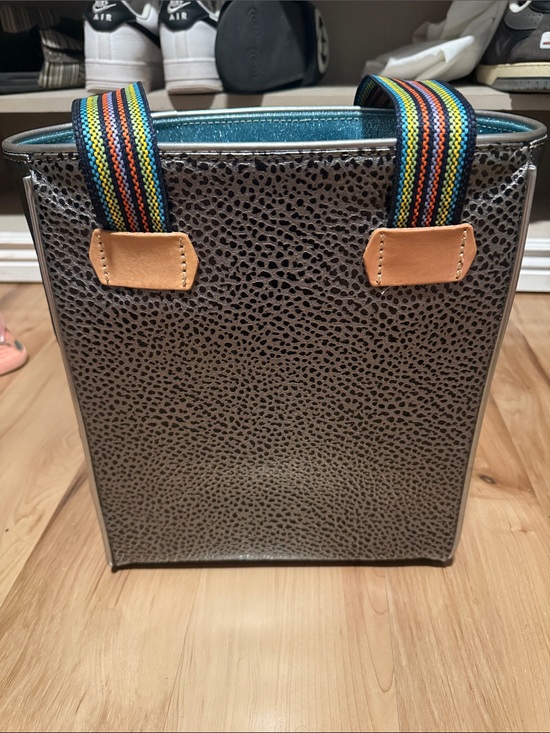 Consuela Handbags - Textured Black Tote Bag with Rainbow Straps
